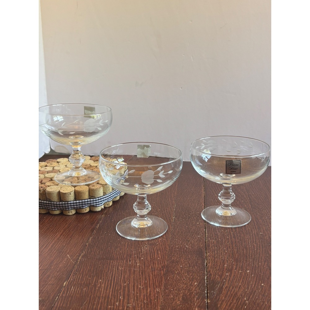 Princess House Heritage Etched Crystal Champagne Coupe Dessert Glasses Set of 3